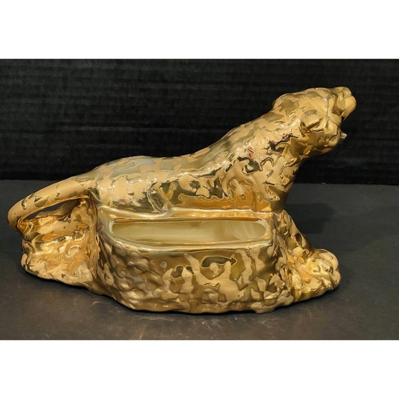 Vintage Weeping Gold Porcelain Jaguar Leopard Panther Figure 24kt Gold Planter - Picture 5 of 11